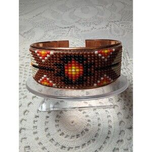 Native Inspired Beaded Copper Cuff Bracelet Brown Orange Yellow Geometric